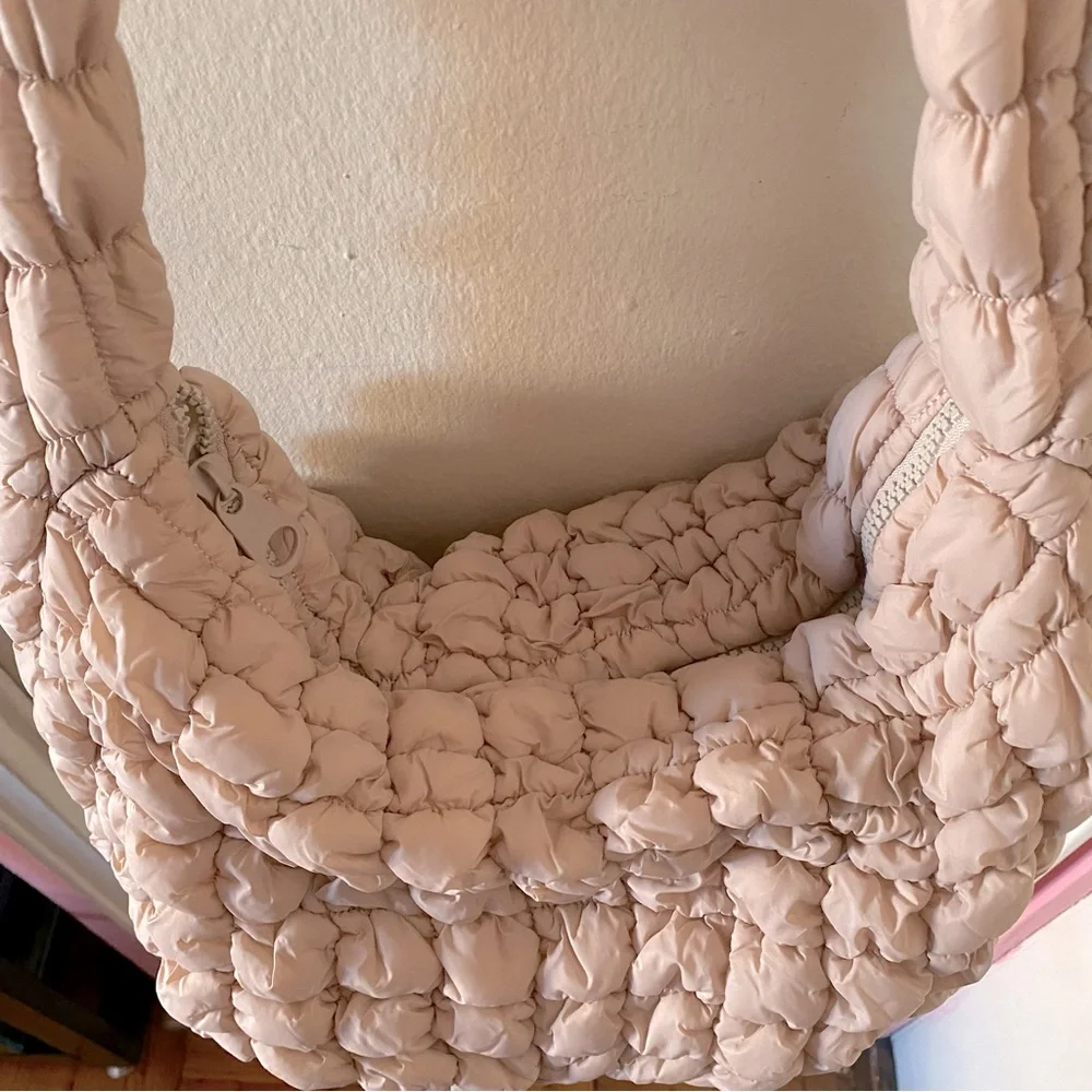 Pale Pink/Cream Color Quilted Puffer Slouchy Bag with Crossbody Strap